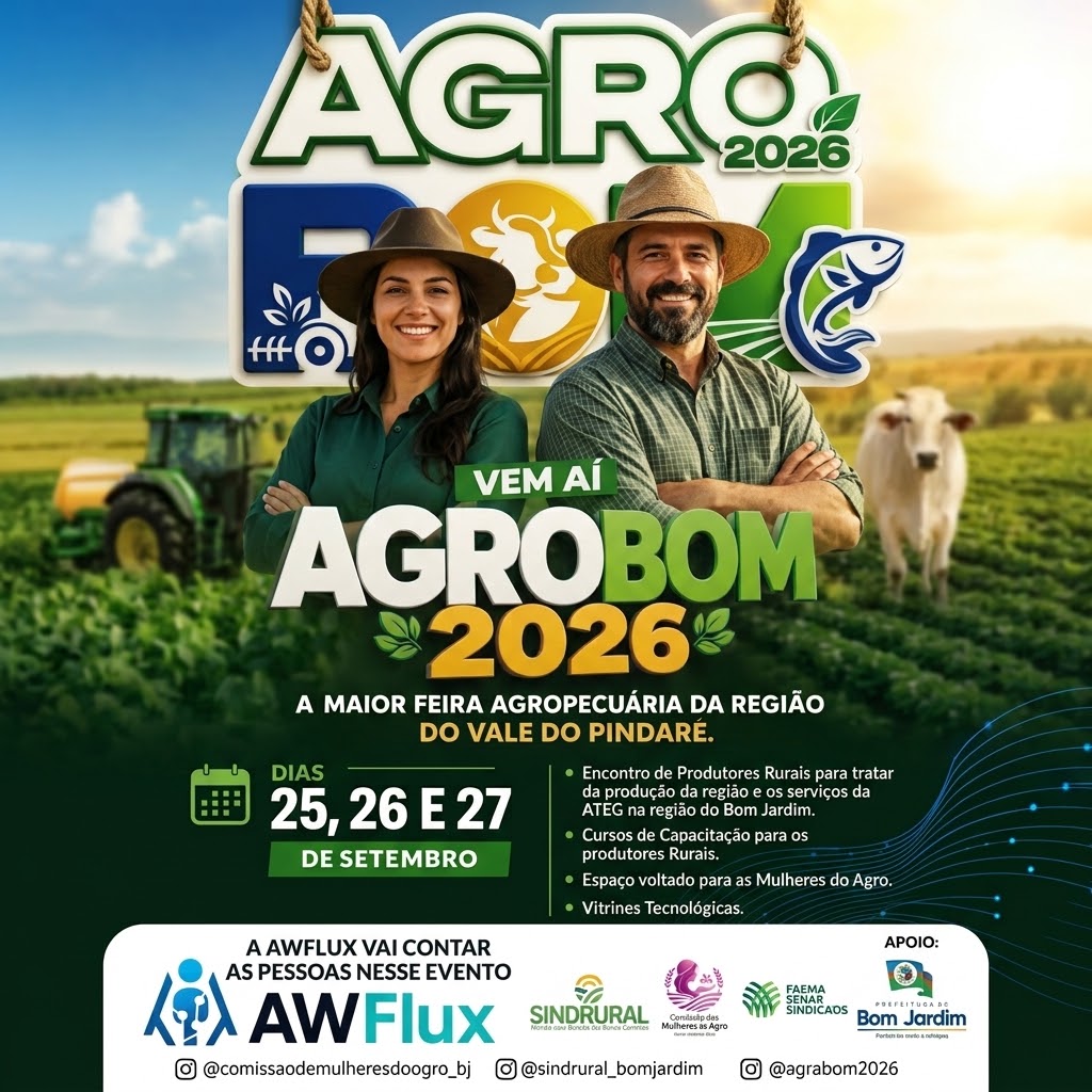 Cartaz oficial do Agrobom 2026 — feira agropecuária do Vale do Pindaré — com a AWFlux anunciada como responsável pela contagem de pessoas do evento